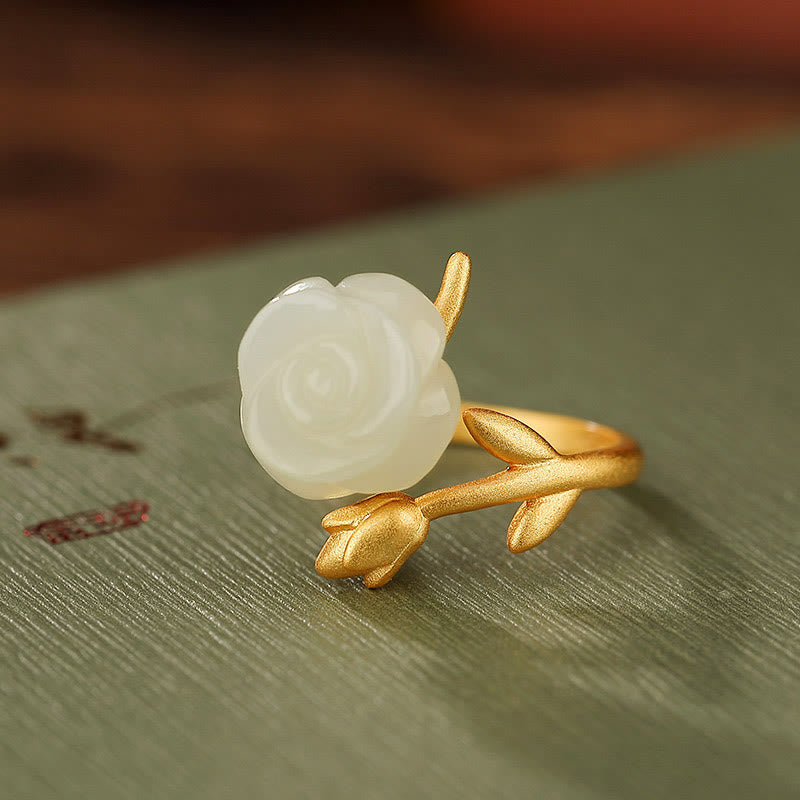 KarmaRipple's 925 Sterling Silver Plated Gold Rose Flower Hetian Ivory Jade Happiness Ring p1