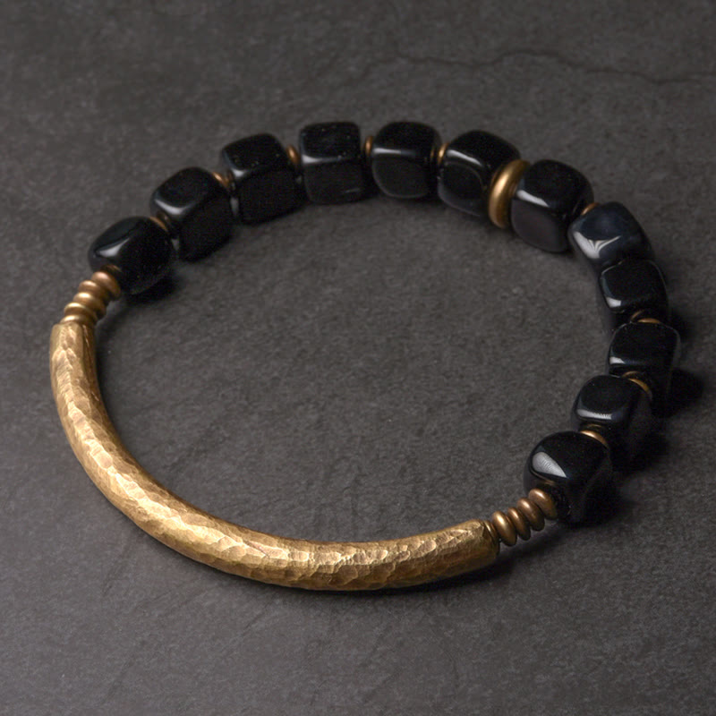 KarmaRipple's Black Obsidian Gemstone Bronze Strength Pair Bracelet p1
