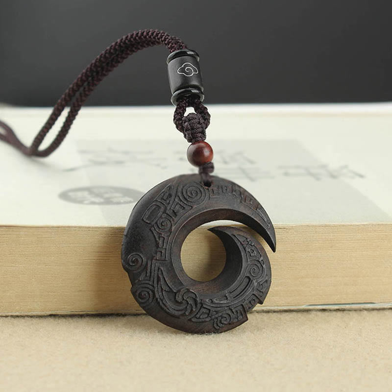 KarmaRipple's Ebony Wood Sandalwood One's Fortune Improves Design Pattern Peace Pendant Necklace p1