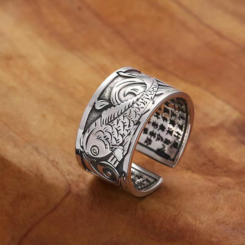 KarmaRipple's Koi Fish Heart Sutra Carved Design Fortune Wealth Ring p1