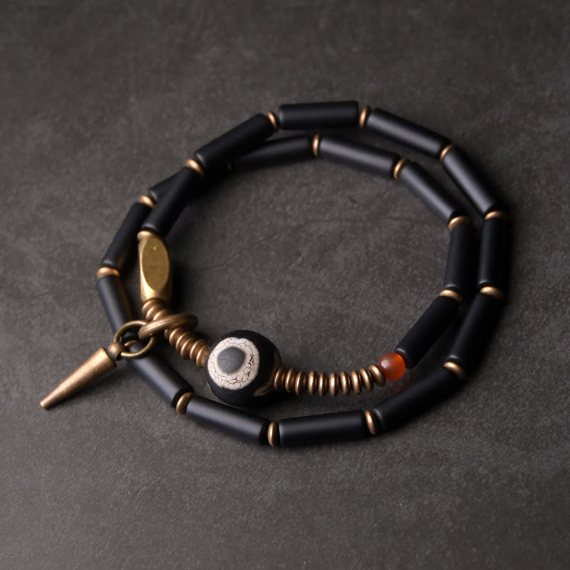 KarmaRipple's Black Onyx Bronze Dzi Bead Cone Necklace Double Wrap Protection Bracelet p1