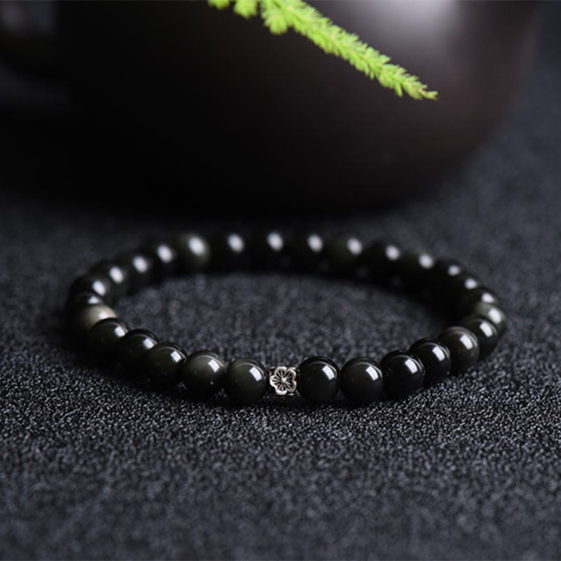 KarmaRipple's Black Obsidian Bead 925 Sterling Silver Flower Design Purification Bracelet p1