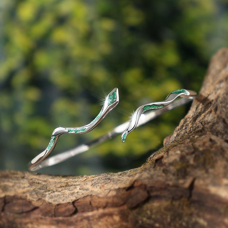 KarmaRipple's 925 Sterling Silver Green Snake Enamel Craft Year Of The Snake Calm Cuff Bracelet Bangle p1