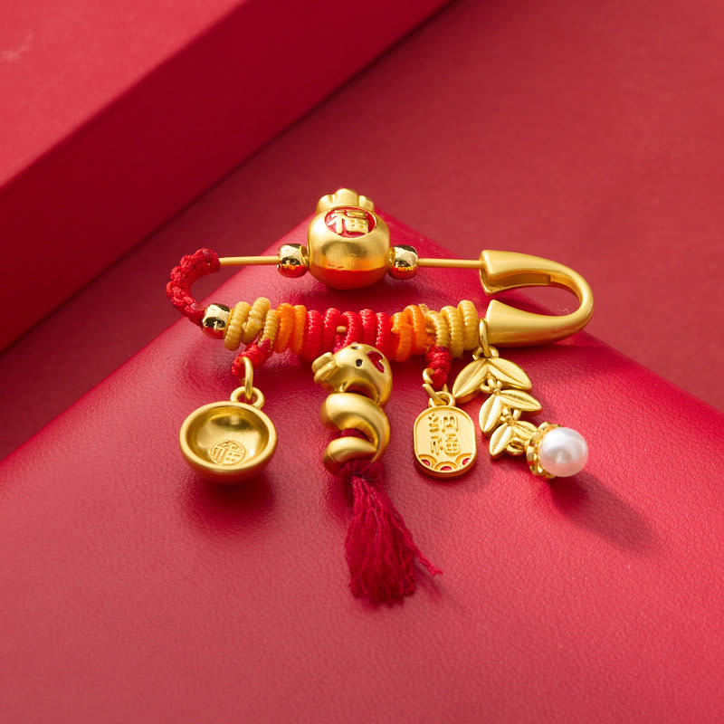 KarmaRipple's Bronze Year Of The Snake Tassels String Spike Fu Bowl Fortunate Fortune Bag Brooch p1