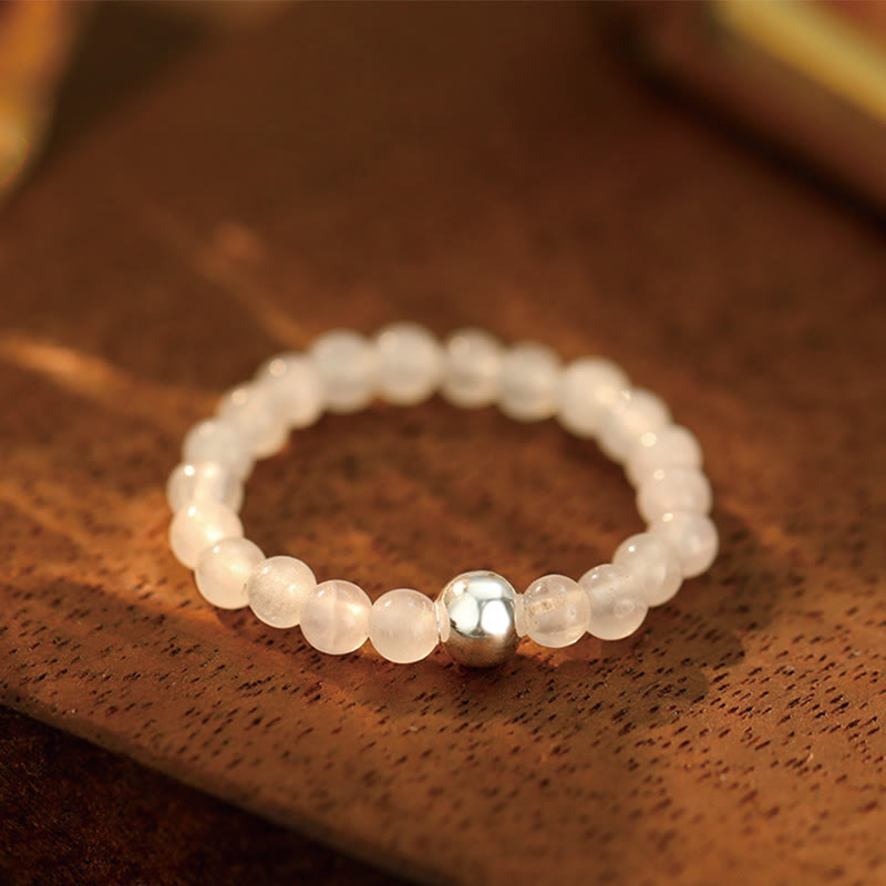 KarmaRipple's 925 Sterling Silver Gemstone Beadwork Ivory Jade Black Onyx Blessing Elastic Ring p1