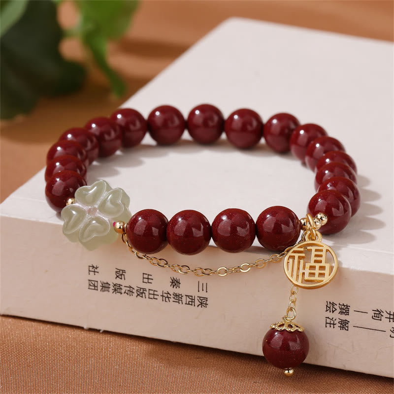 KarmaRipple's Cinnabar Fu Character Hetian Jade Fortunate Four Leaf Clover Blessing Bracelet p1