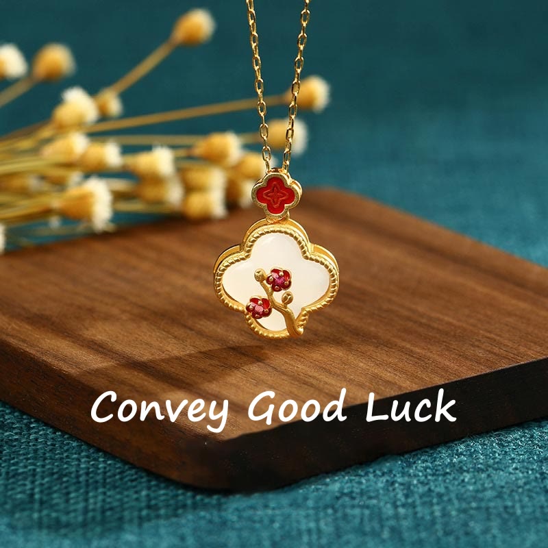 KarmaRipple's 24K Gold Plated Ivory Jade Four Leaf Clover Plum Blossom Fortune Pendant Necklace Earrings p1