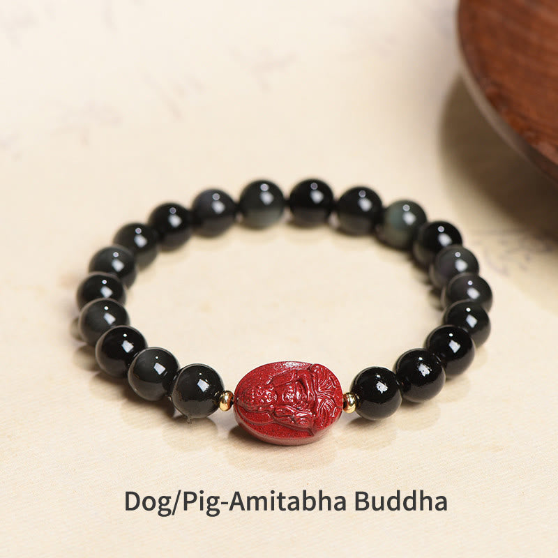 KarmaRipple's Chinese Zodiac Natal Buddha Authentic Black Obsidian Cinnabar Purification Bracelet p1
