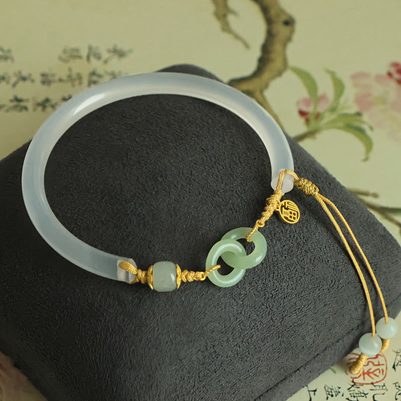 KarmaRipple's 925 Sterling Silver Authentic Ivory Agate Hetian Jade Double Peace Buckle Fu Character Bracelet Bangle p1