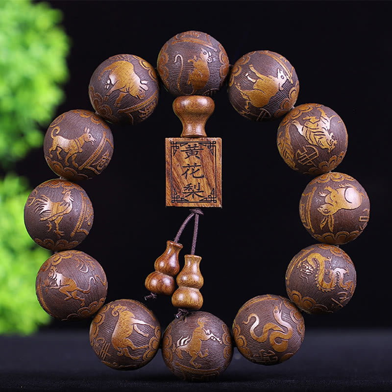 KarmaRipple's Chinese Zodiac Rosewood Ebony Boxwood Bronze Coin PiXiu Carved Warmth Bracelet p1
