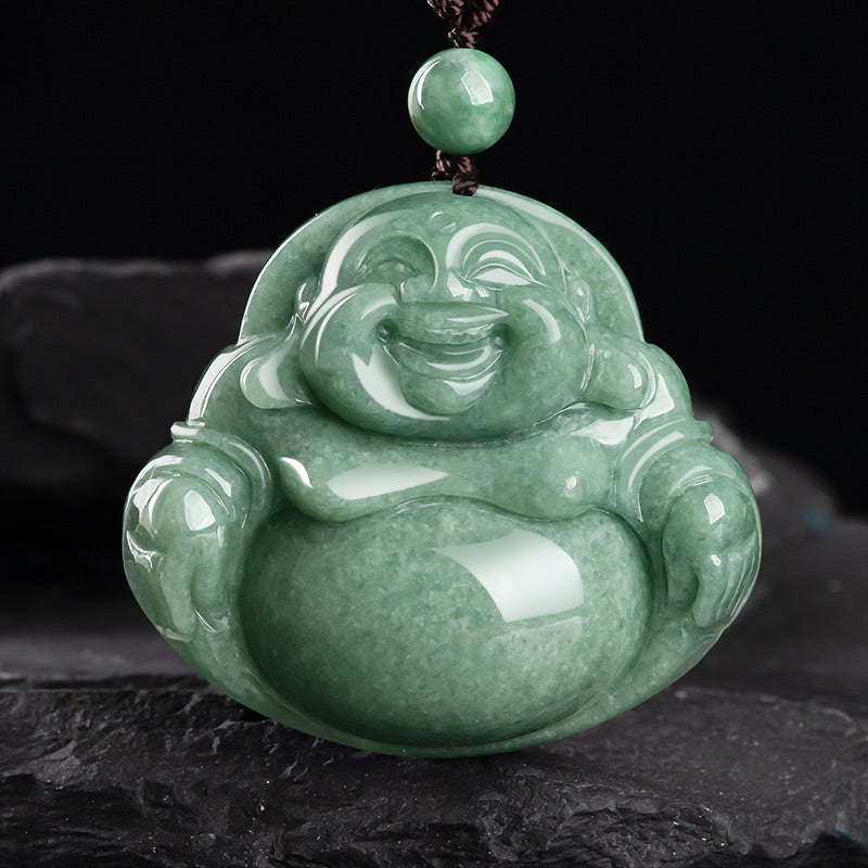 KarmaRipple's Laughing Buddha Cyan Jade Balance Pendant String Bead Necklace p1