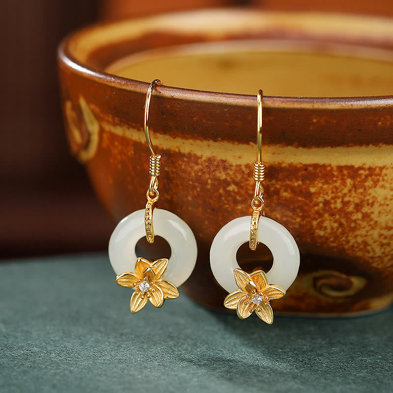 KarmaRipple's 925 Sterling Silver Hetian Jade Peace Buckle Orchid Prosperity Earrings p1