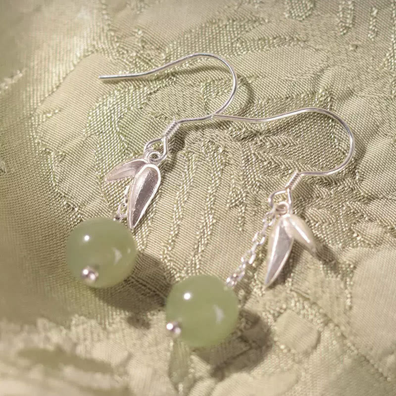 KarmaRipple's 999 Sterling Silver Hetian Jade Bead Bamboo Leaf Fortune Drop Dangle Earrings p1