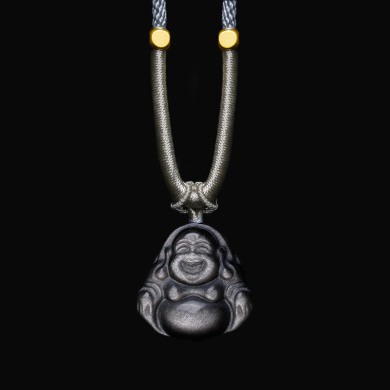 KarmaRipple's Authentic Silver Sheen Obsidian Laughing Buddha Protection Pendant Necklace p1