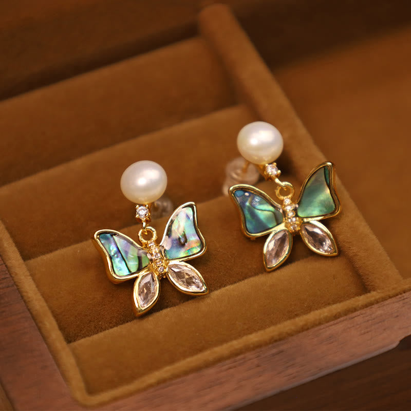 KarmaRipple's 18K Gold Plated Bronze Authentic Shell Pearl Butterfly Sincerity Stud Earrings p1