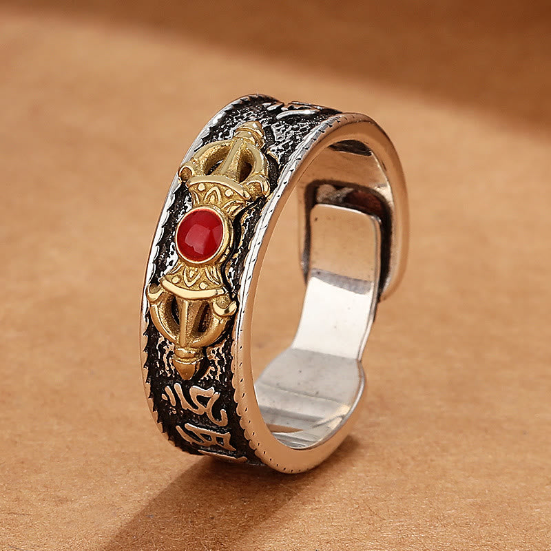 KarmaRipple's Tibetan Om Mani Padme Hum Red Agate Dorje Vajra Design Wisdom Ring p1