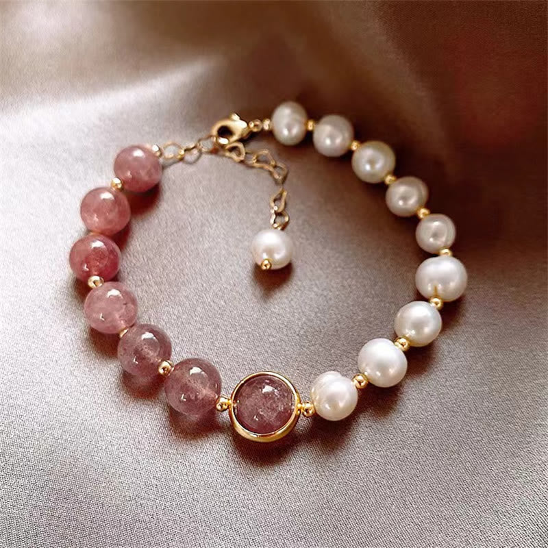 KarmaRipple's Authentic Strawberry Quartz Pearl Love Positive Chain Bracelet p1