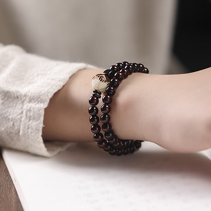 KarmaRipple's Small Leaf Red Sandalwood Lotus Bodhi Seed Carved Protection Double Wrap Bracelet p1