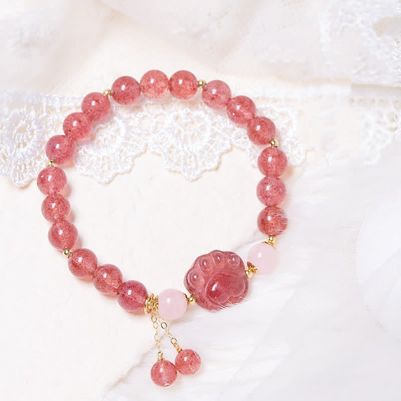 KarmaRipple's Authentic Strawberry Quartz Pink Gemstone Fortunate Cat Paw Love Bracelet p1
