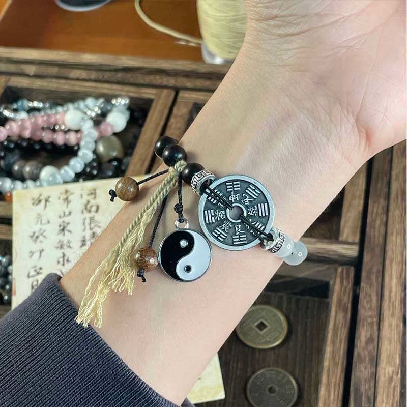 KarmaRipple's Cat's Eye Ebony Wood Yin Yang Bagua Coin Support Rope Bracelet p4