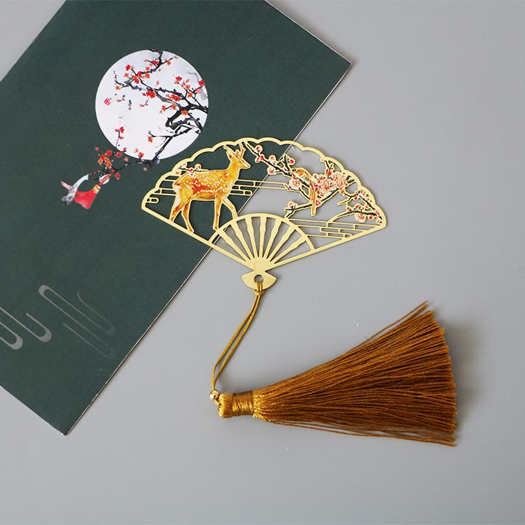 KarmaRipple's Traditional Butterfly Lotus Flower Crane Dragon Phoenix Fox Koi Fish New Beginning Metal Brass Hollow Fan Bookmarks p11
