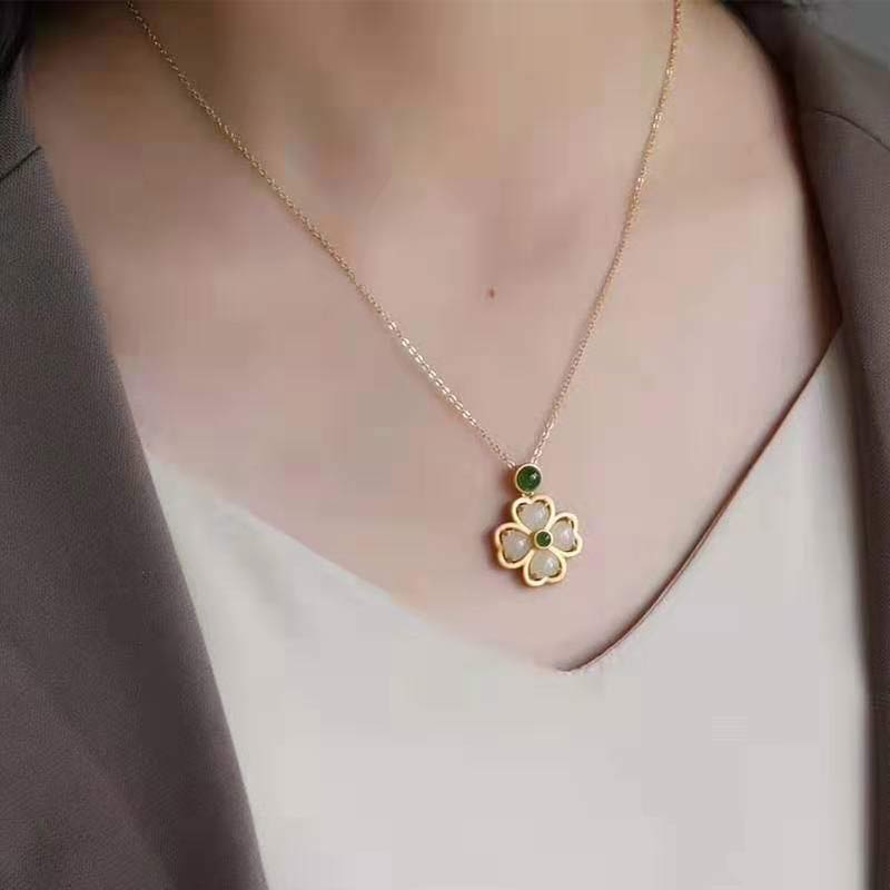 KarmaRipple's 925 Sterling Silver Fortunate Four Leaf Clover Jade Prosperity Pendant Chain Necklace p7