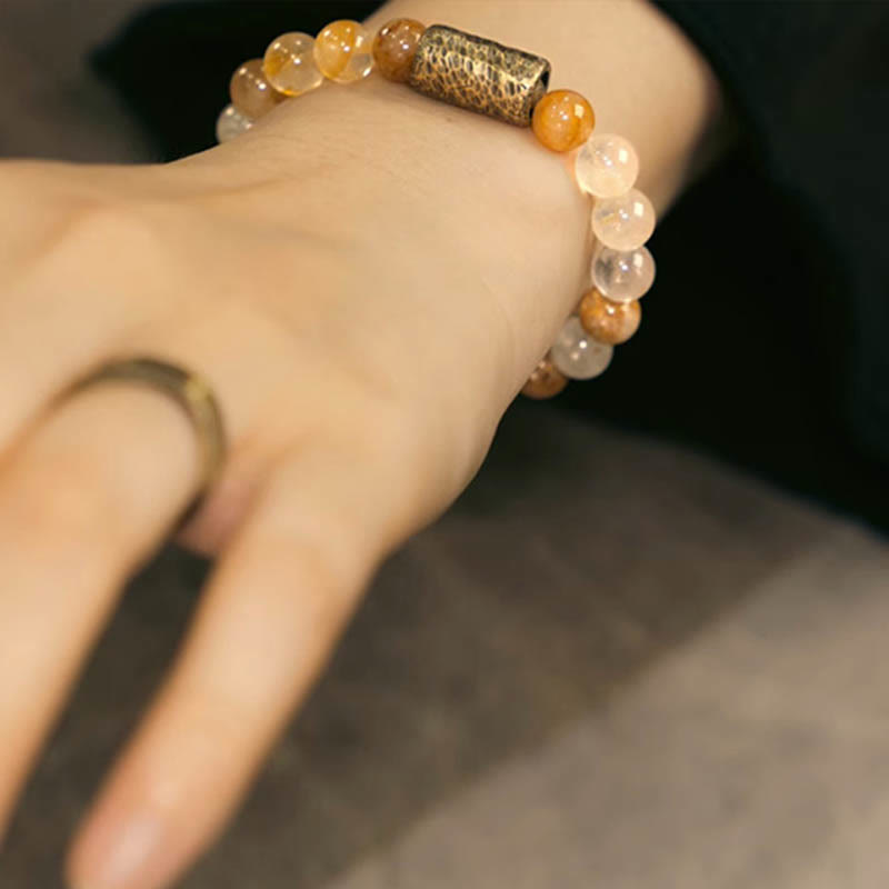 KarmaRipple's Ivory Gemstone Red Hematoid Quartz Gold Rutilated Quartz Purple Phantom Protection Bracelet p23