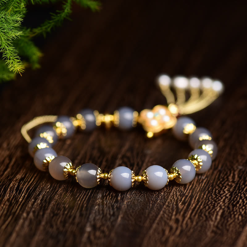 KarmaRipple's Authentic Gray Agate Fu Character Pearl Tassel Balance Bracelet p4