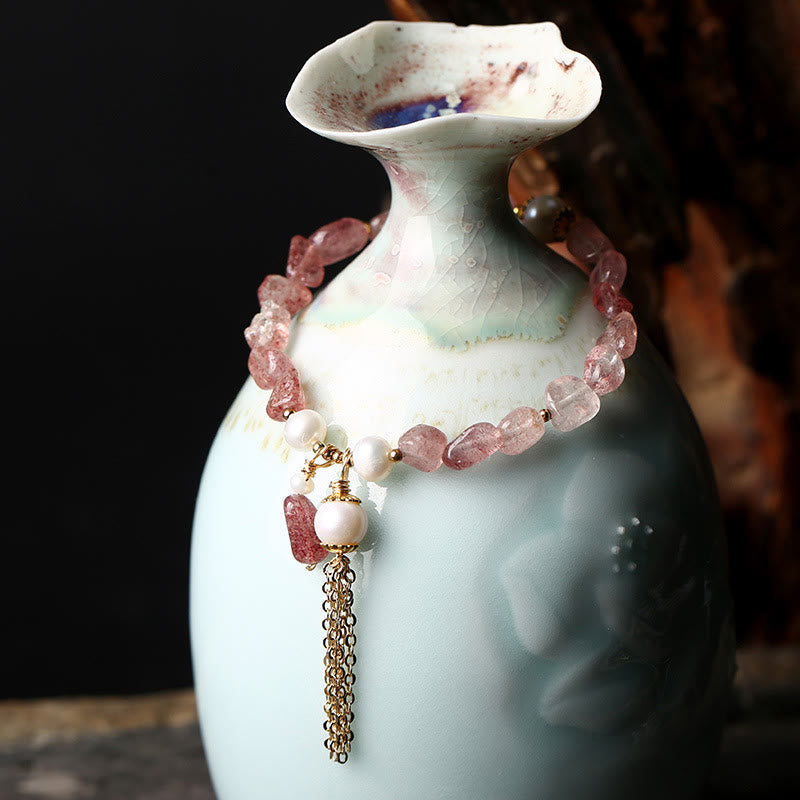 KarmaRipple's Authentic Strawberry Quartz Pearl 14k Gold Plated Love Balancing Bracelet p2