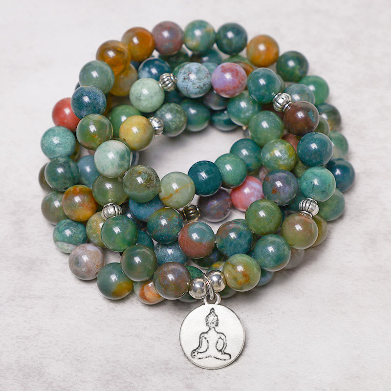 KarmaRipple's 108 Mala Beadwork Indian Agate Lotus OM Buddha Tree of life Positive Calm Bracelet p3