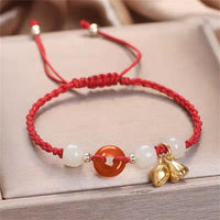 KarmaRipple's Red Agate Peace Buckle Jade Lotus Balancing Woven Bracelet
