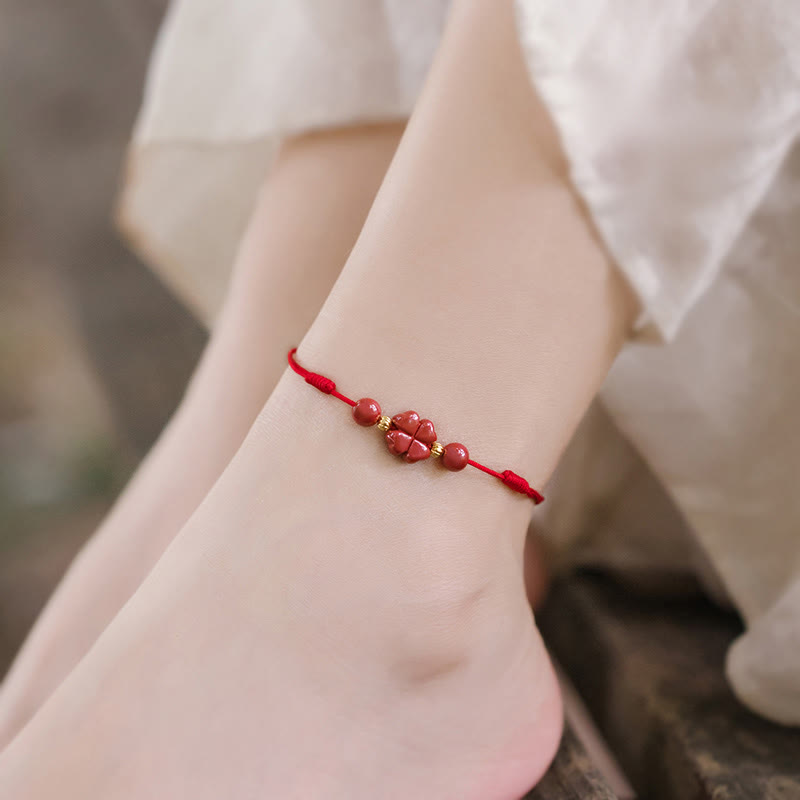 KarmaRipple's Four Leaf Clover Cinnabar Blessing Calm String Bracelet Anklet p13