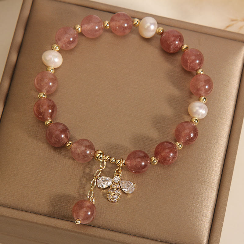 KarmaRipple's Strawberry Quartz Pearl Cute Zircon Honeybee Positive Talisman Bracelet p2