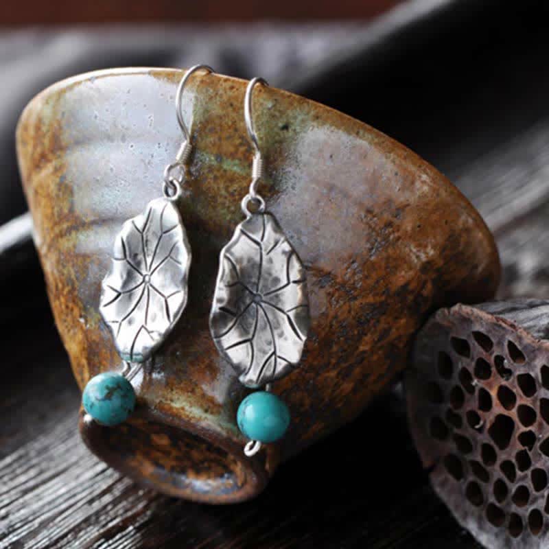KarmaRipple's 925 Sterling Silver Turquoise Lotus Leaf Protection Drop Dangle Earrings p7