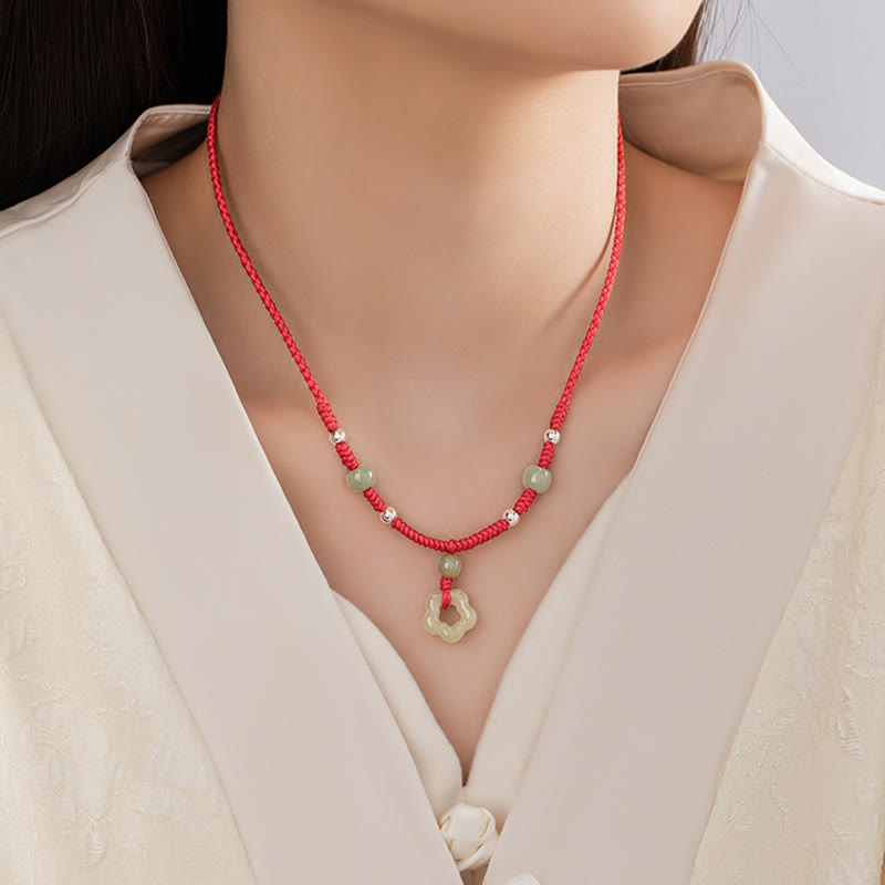 KarmaRipple's 925 Sterling Silver Authentic Hetian Cyan Jade Flower Pentagram Fortune Red Rope Pendant Necklace Bracelet Set p10