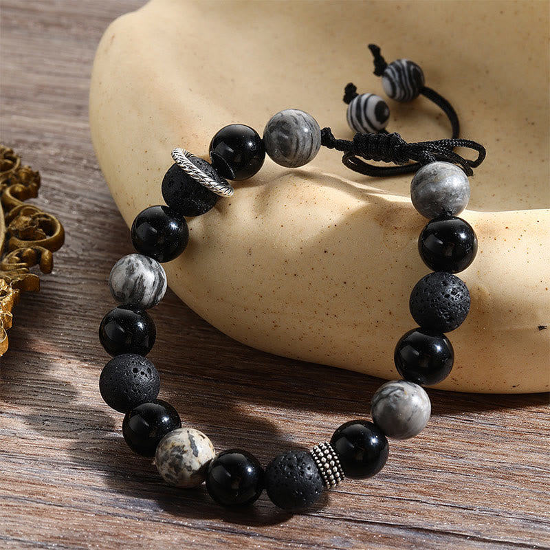 KarmaRipple's Vintage Lava Rock Black Obsidian Picasso Jasper Beadwork Support Rope Bracelet p3
