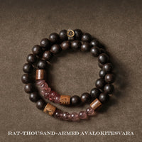 KarmaRipple's 925 Sterling Silver Chinese Zodiac Natal Buddha Agarwood Strawberry Quartz Peace Double Wrap Bracelet