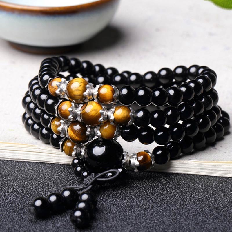 KarmaRipple's 108 Beadwork Authentic Black Obsidian Tiger Eye Mala Bracelet p8