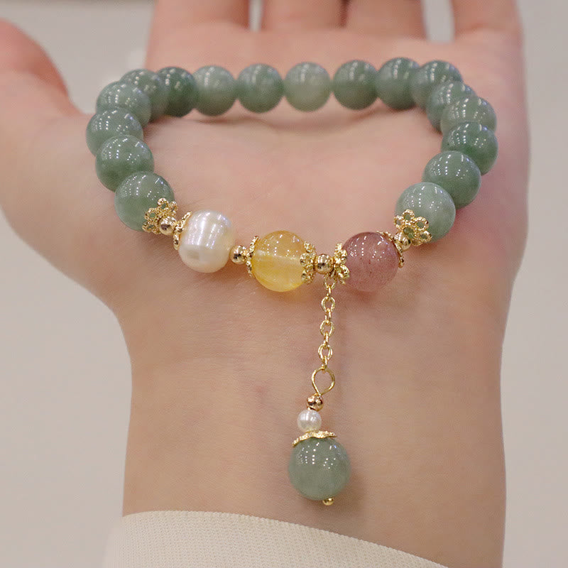 KarmaRipple's Jade Pearl Strawberry Quartz Abundance Fortune Bead Talisman Bracelet p1