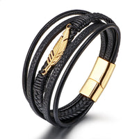 KarmaRipple's Feather Pattern Multilayer Leather Titanium Steel Calm Woven Magnetic Buckle Bracelet