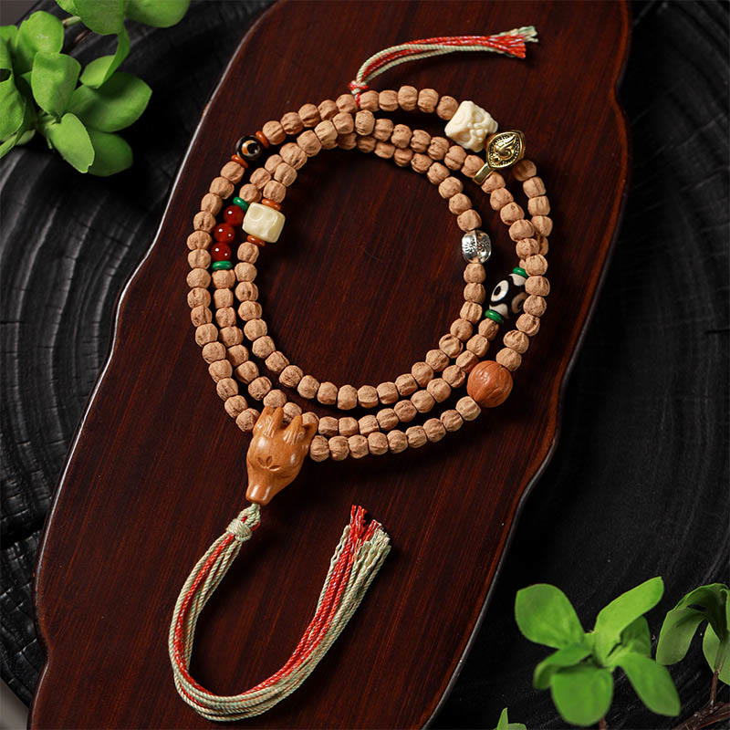 KarmaRipple's 108 Beadwork Bodhi Seed Red Agate Deer Head Wisdom Mala Bracelet p7