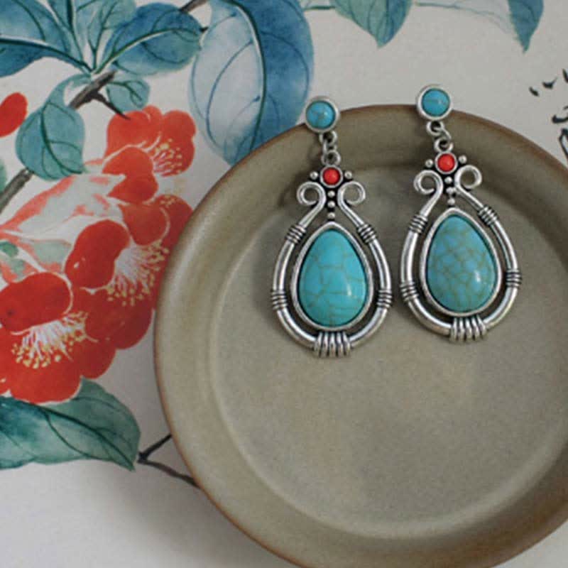 KarmaRipple's Tibet Vintage Turquoise Waterdrop Strength Drop Dangle Earrings Clips p10