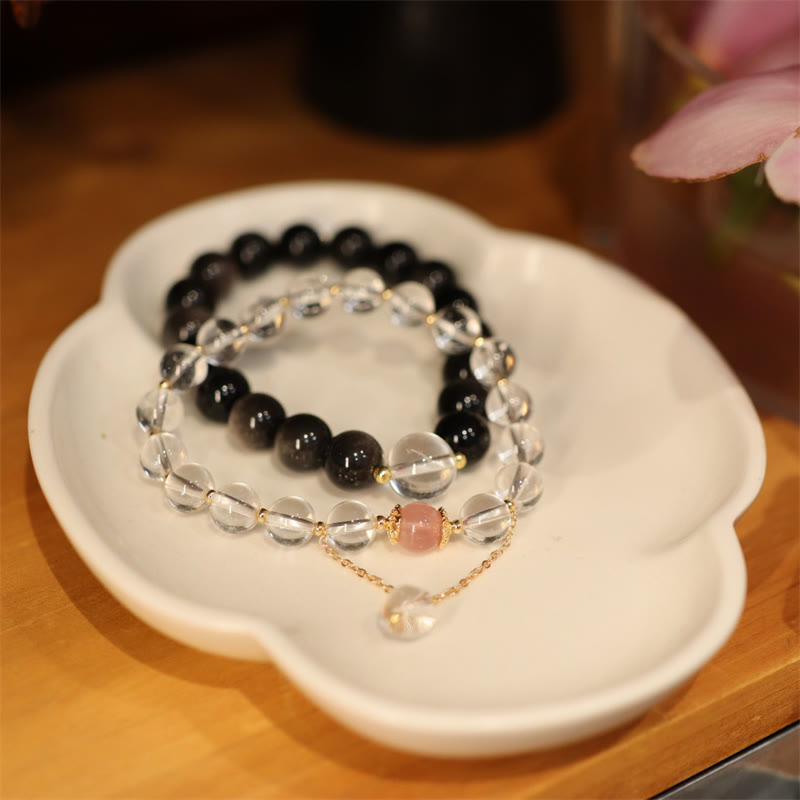 KarmaRipple's Authentic Silver Sheen Obsidian Pink Gemstone Ivory Gemstone Protection Yin Yang Color Pair Bracelet p7