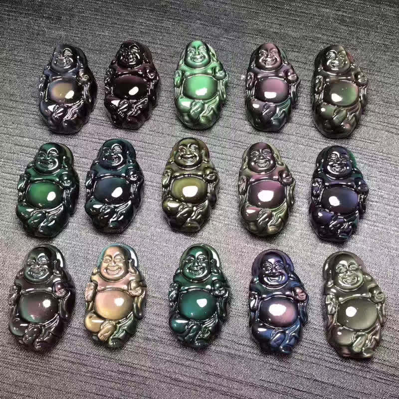 KarmaRipple's Authentic Rainbow Obsidian Laughing Buddha Inner Peace Pendant Necklace p13