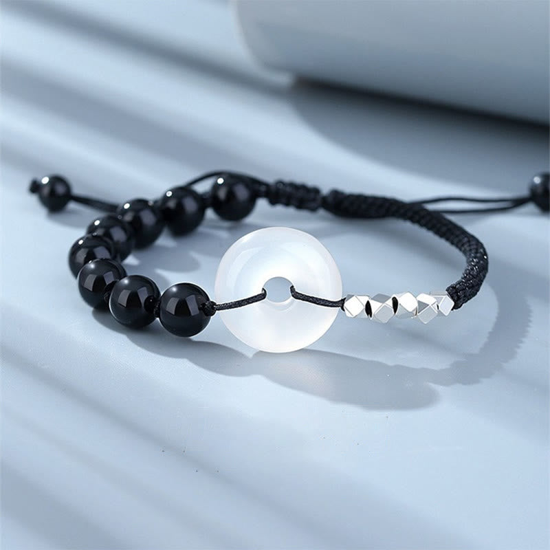 KarmaRipple's 925 Sterling Silver Black Obsidian Agate Peace Buckle Strength Bracelet p1