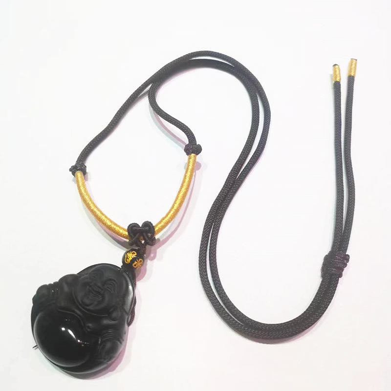 KarmaRipple's Authentic Black Obsidian Ice Obsidian Laughing Buddha Purification Pendant Necklace p9