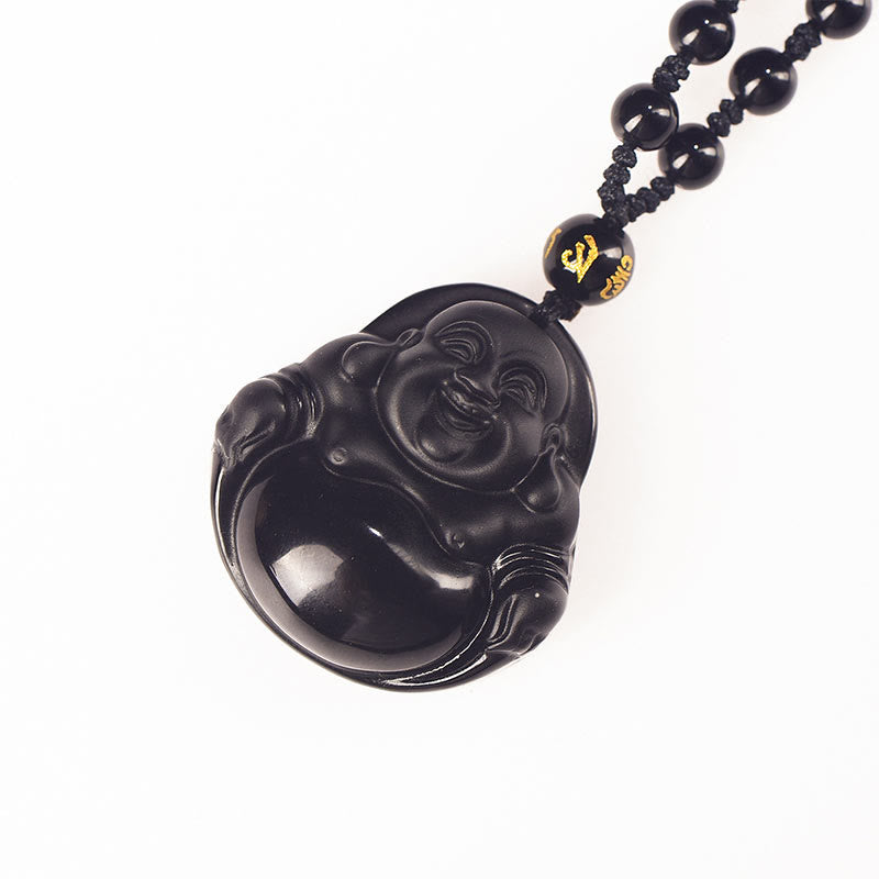 KarmaRipple's Authentic Black Obsidian Ice Obsidian Laughing Buddha Purification Pendant Necklace p18