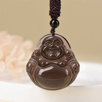 KarmaRipple's Authentic Black Obsidian Ice Obsidian Laughing Buddha Purification Pendant Necklace