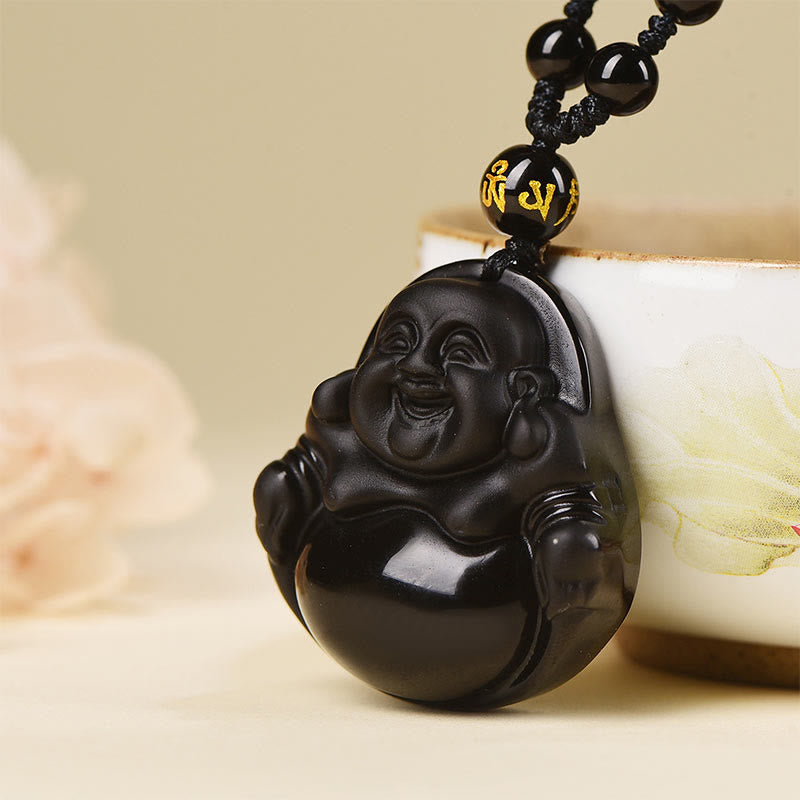 KarmaRipple's Authentic Black Obsidian Ice Obsidian Laughing Buddha Purification Pendant Necklace p16