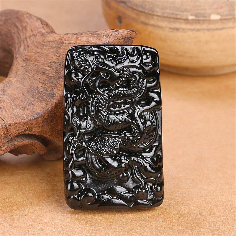 KarmaRipple's Authentic Black Obsidian Rectangular Dragon Engraved Success Pendant Necklace p4
